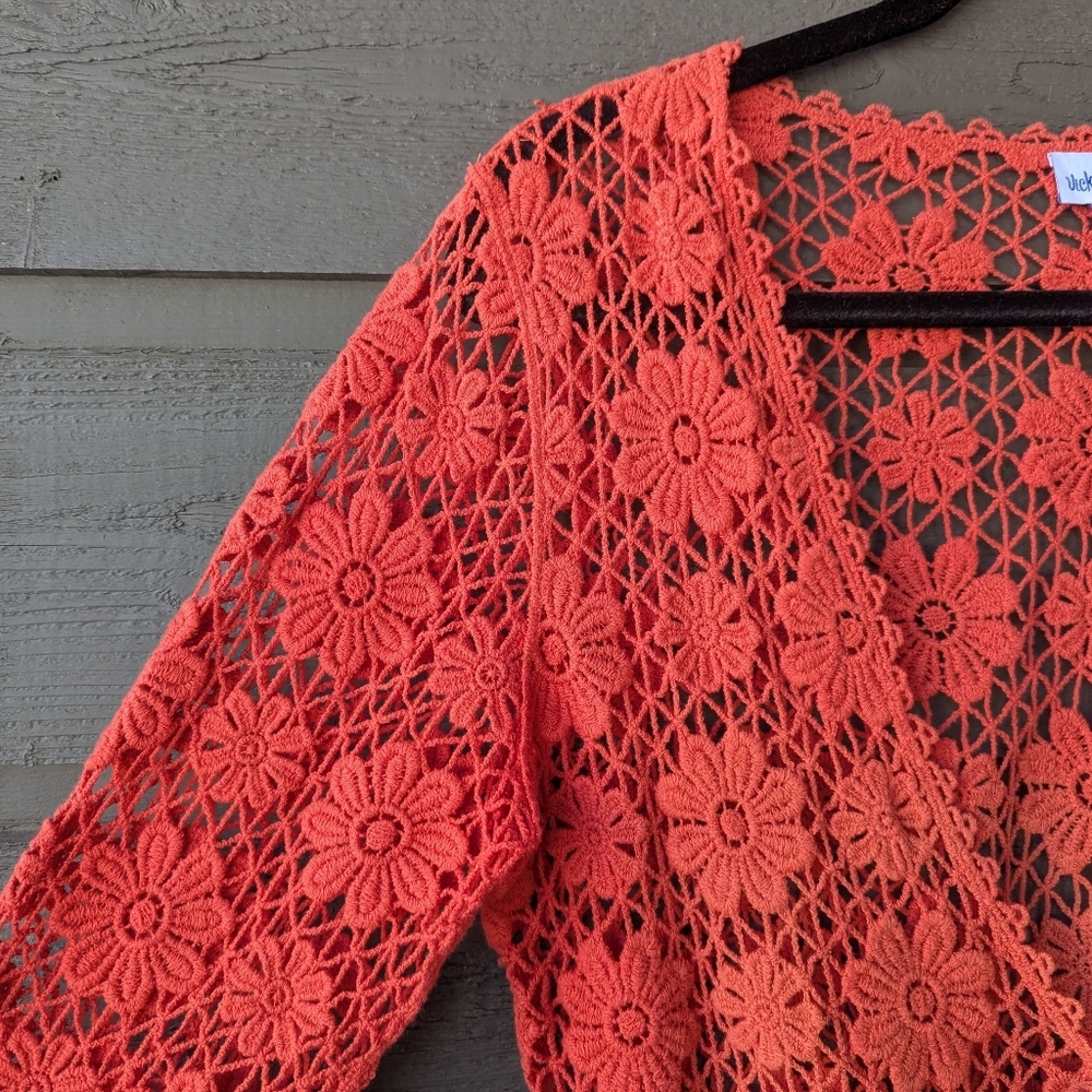 Vicki Wayne Coral Orange Floral Crochet Front Tie Cropped Cardigan Medium Boho - Picture 2 of 10